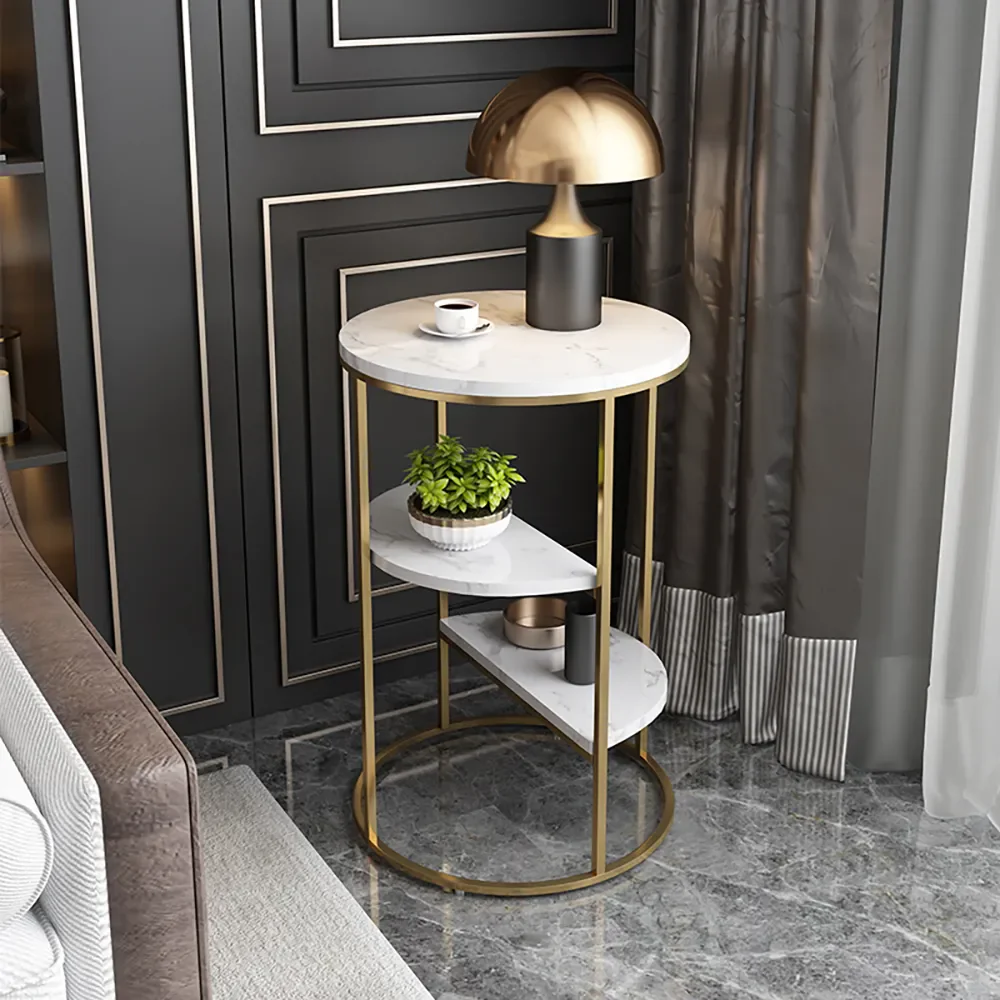 Gold End Table With 3 Tier Marble Shelf - Image 2